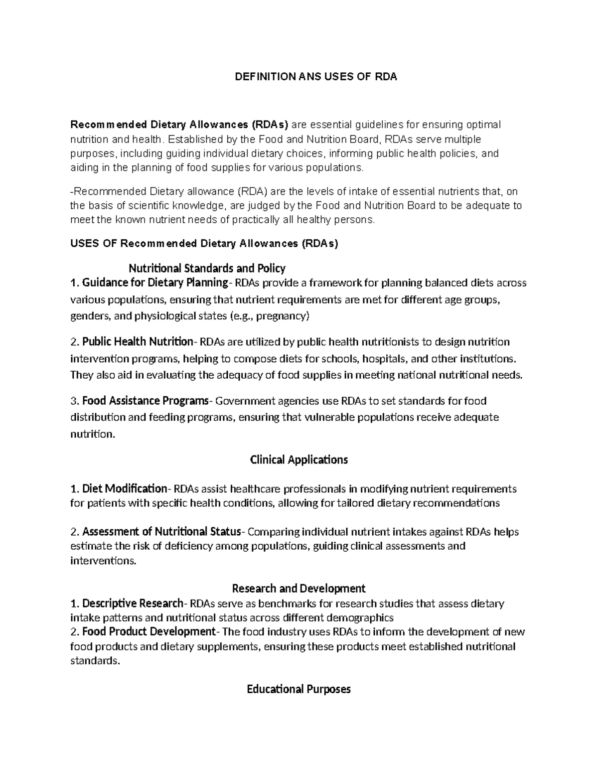Definition ANS USES OF RDA - DEFINITION ANS USES OF RDA Recommended ...