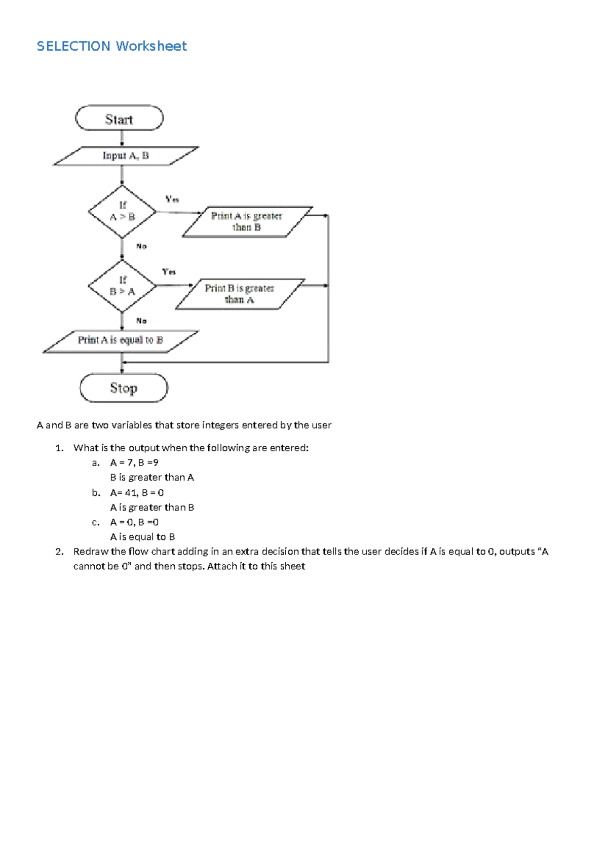 Selection Worksheet - practice - SELECTION Worksheet A and B are two ...