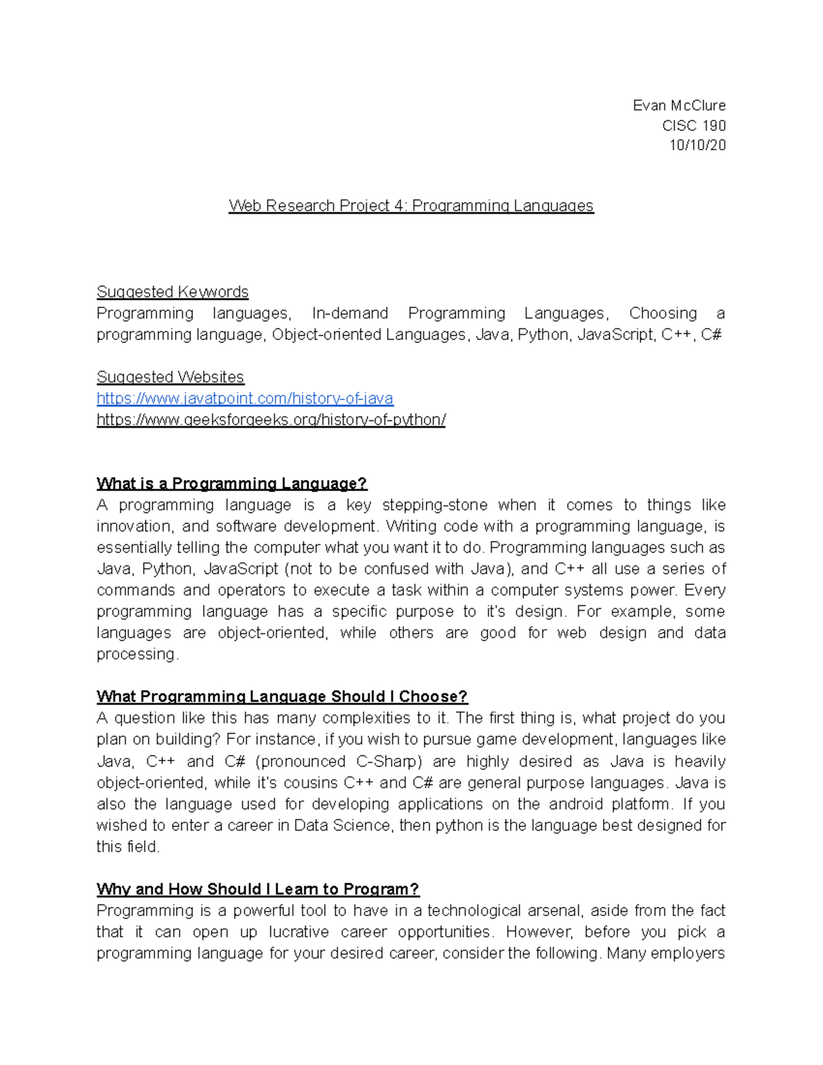 CISC 190 Final Project 4: In-Depth Analysis of Programming Languages ...