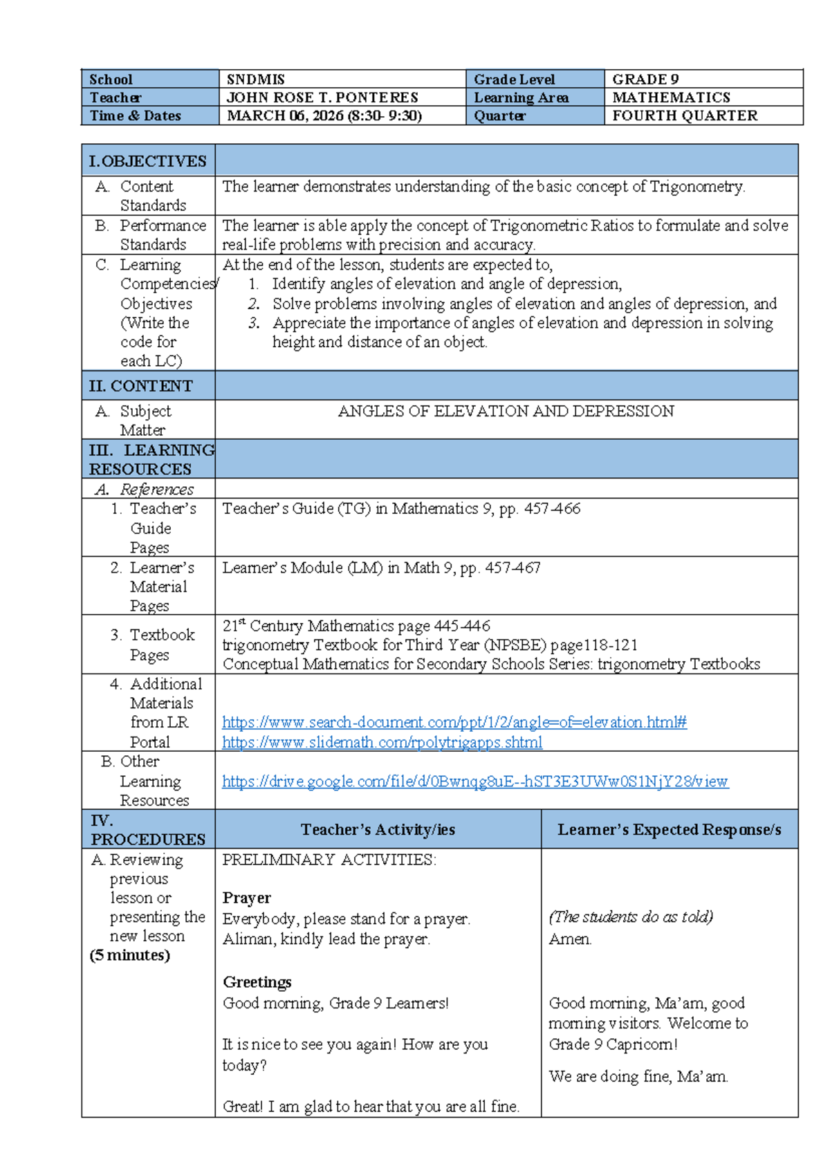 Grade 9 Mathematics: Angles of Elevation and Depression Lesson Plan ...