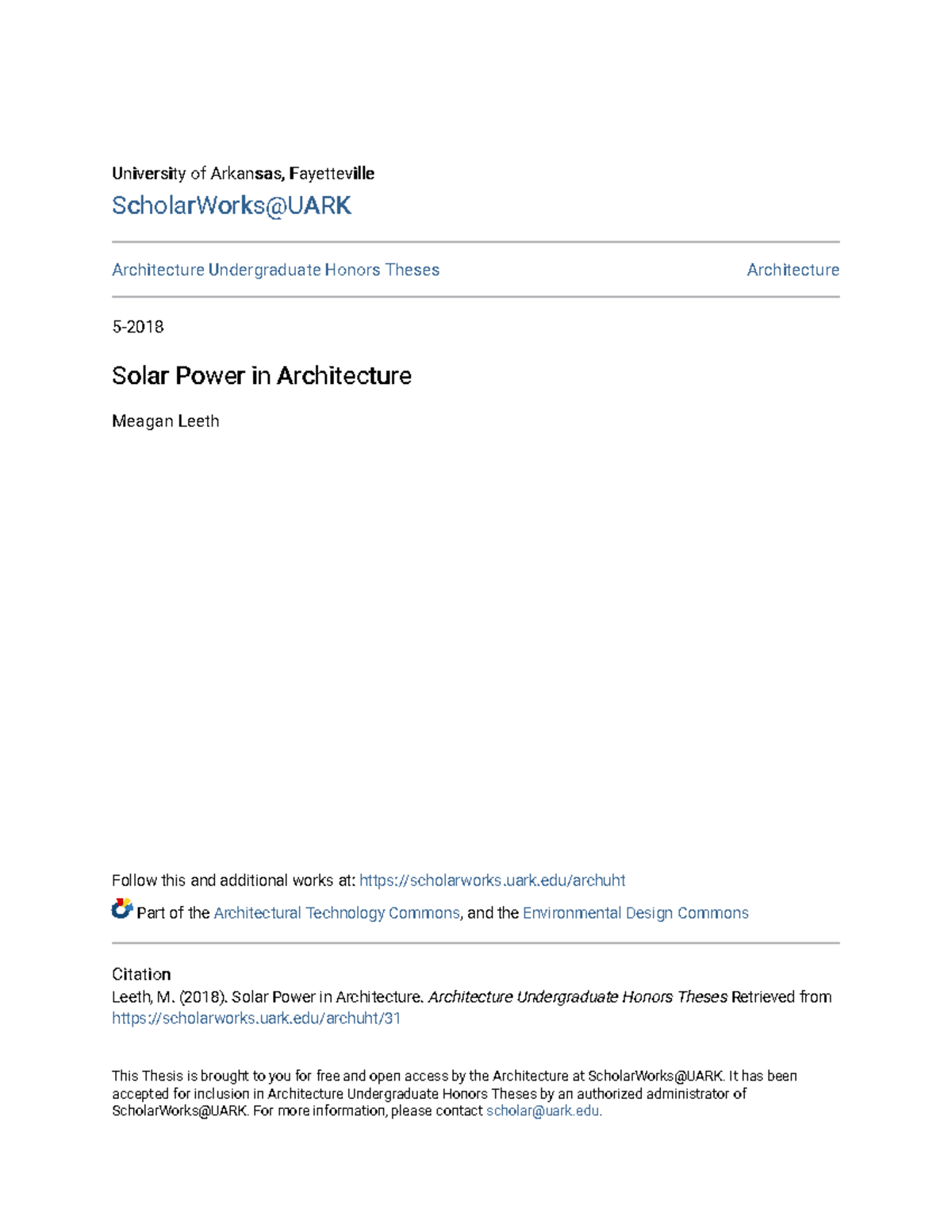 ARCH 4993: Solar Power in Architecture - Honors Thesis by Meagan Leeth ...