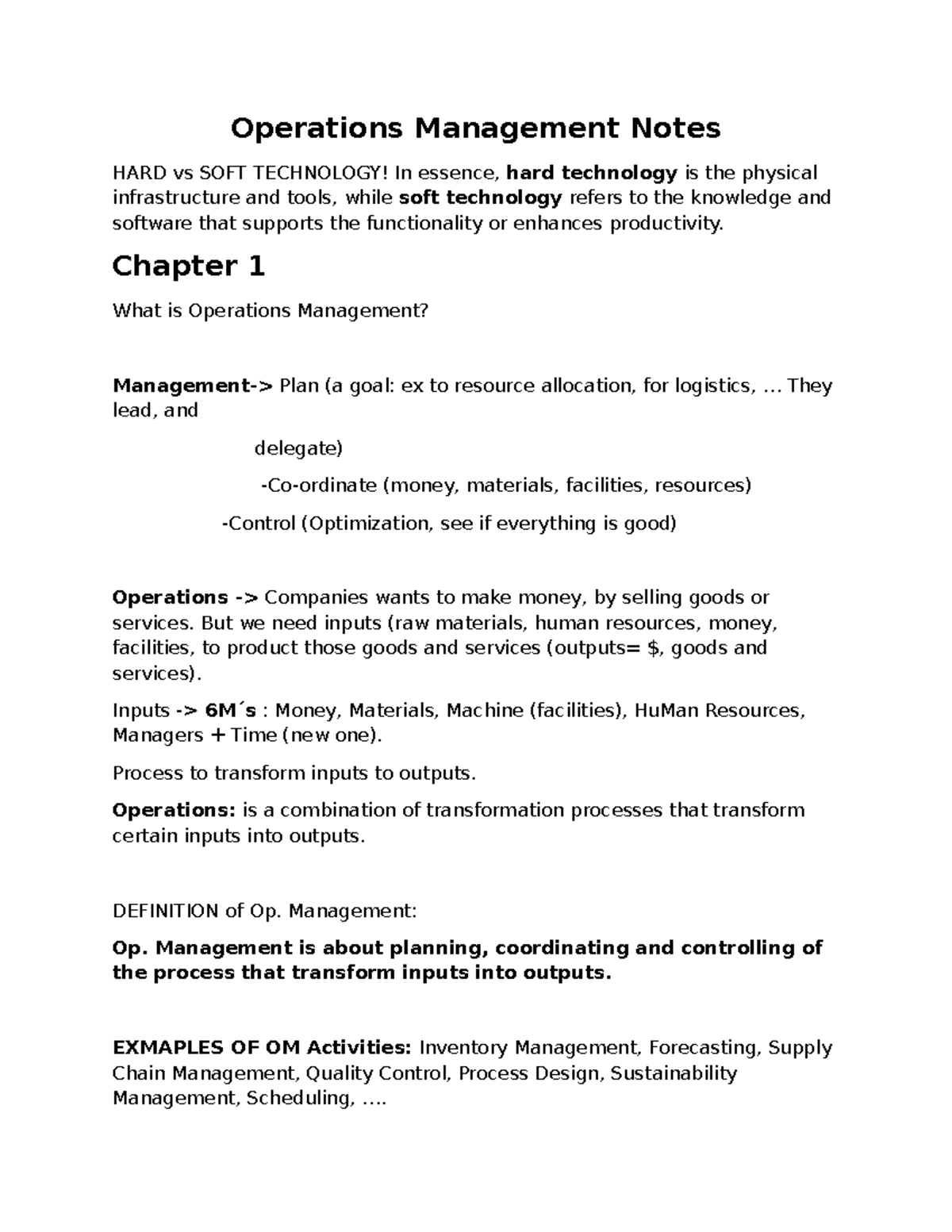 Operations Management Notes 1-3 - Operations Management Notes HARD vs ...