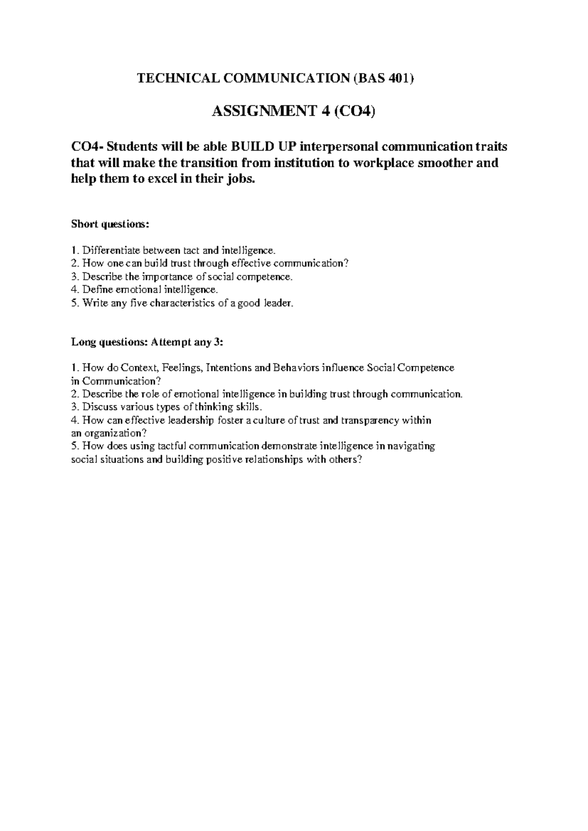 BAS 401 Technical Communication Assignment 4: Interpersonal Skills ...