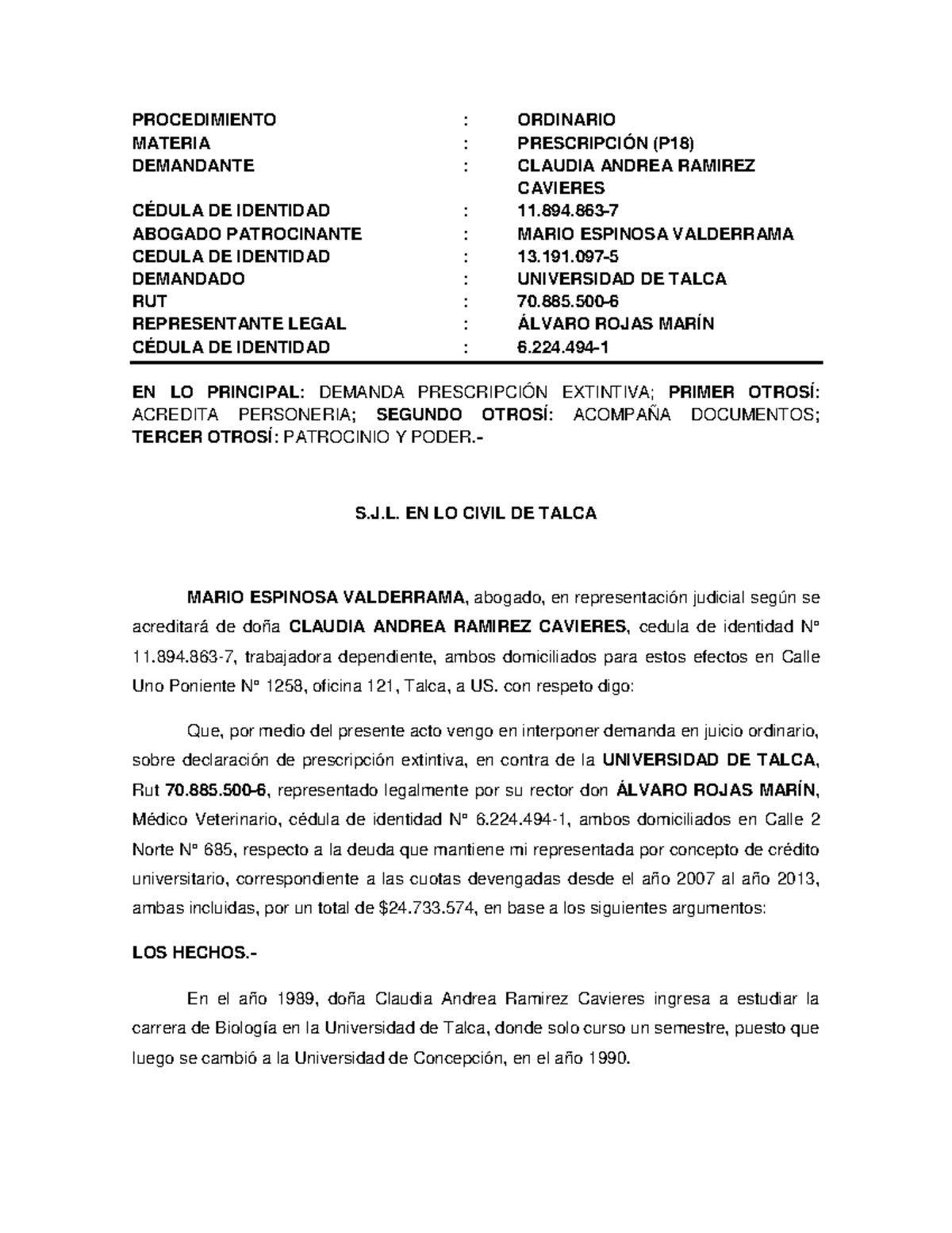 Demanda de Prescripción Extintiva (P18) - Claudia Andrea Ramirez Cavieres - Document Preview
