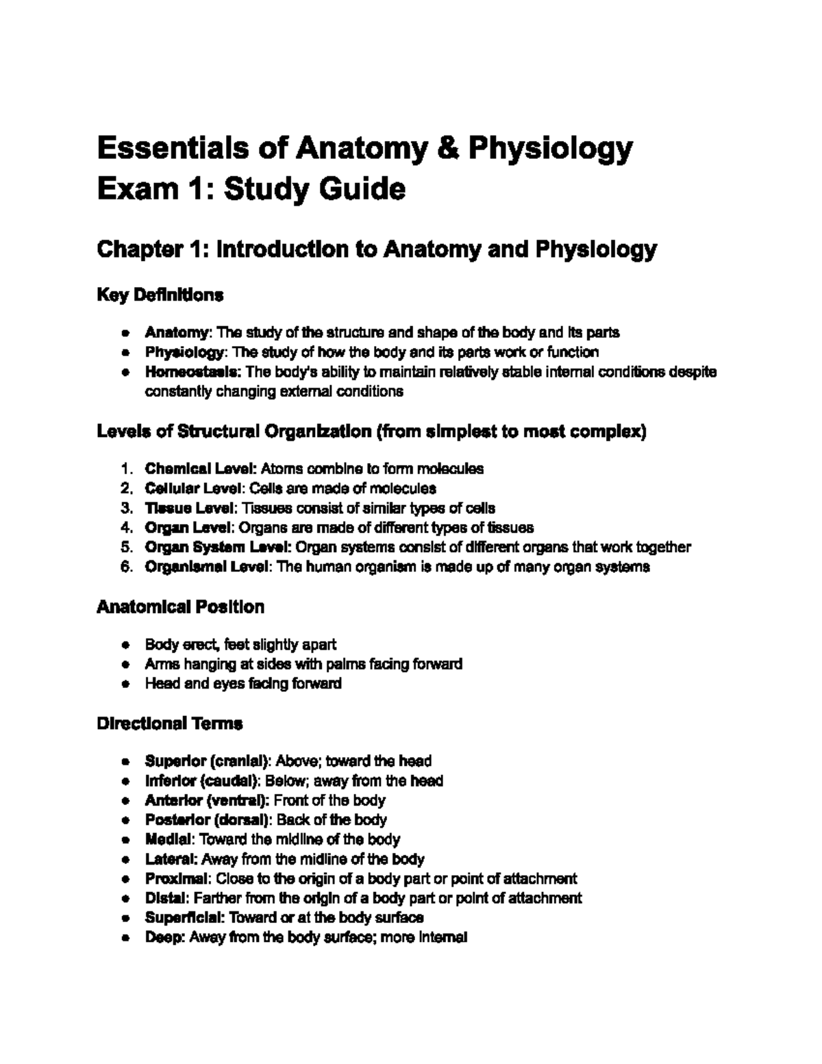 Essentials of Anatomy & Physiology Exam 1: Study Guide Overview - Studocu