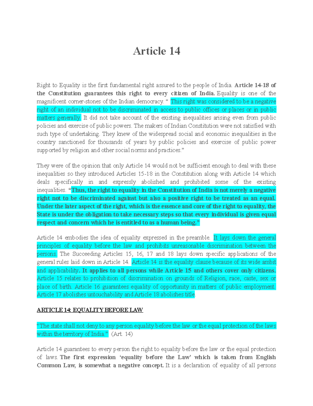 Art 14 Constitutional Law - Article 14 Right to Equality is the first ...