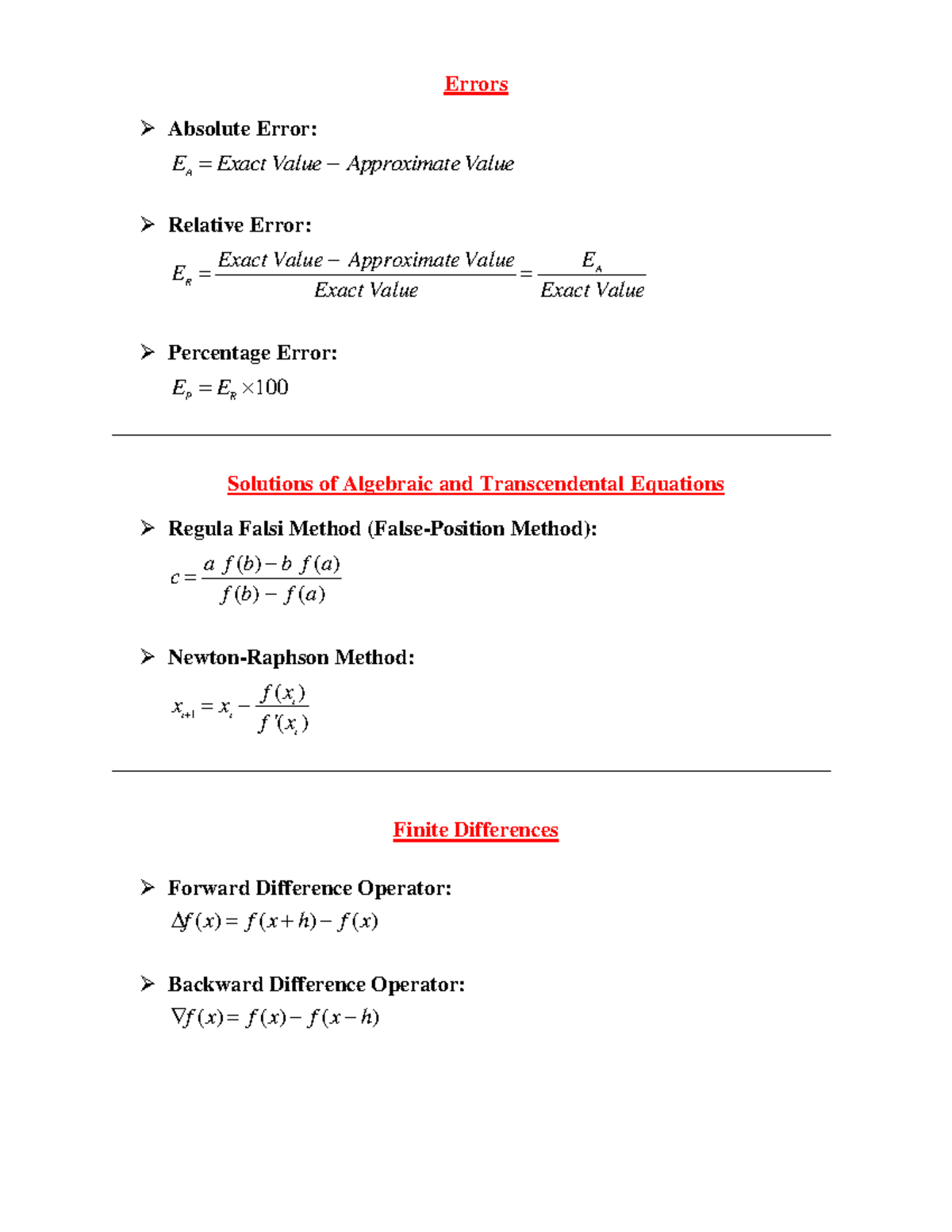 Formulae of All Chapters - Errors Absolute Error: ####### EA Exact ...