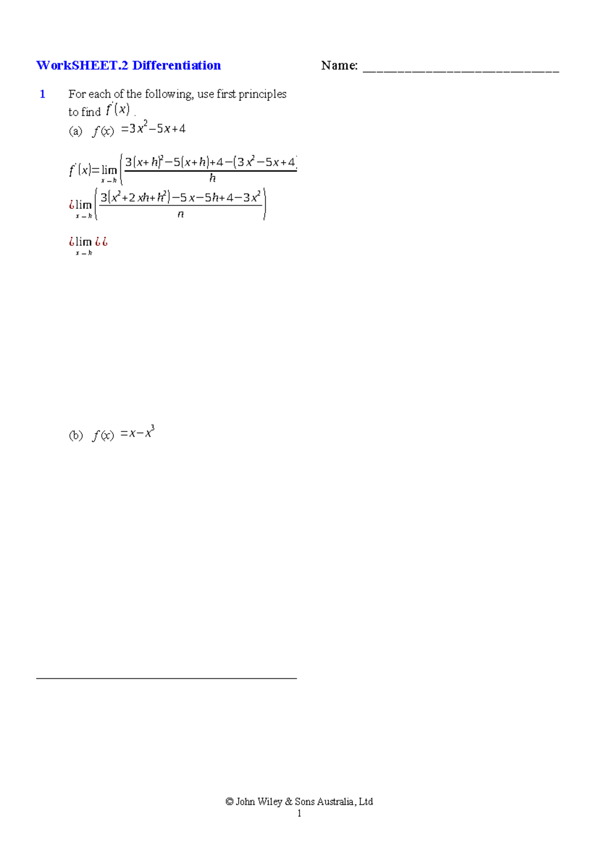 WorkSHEET 9.2: Differentiation Concepts and Applications - Studocu