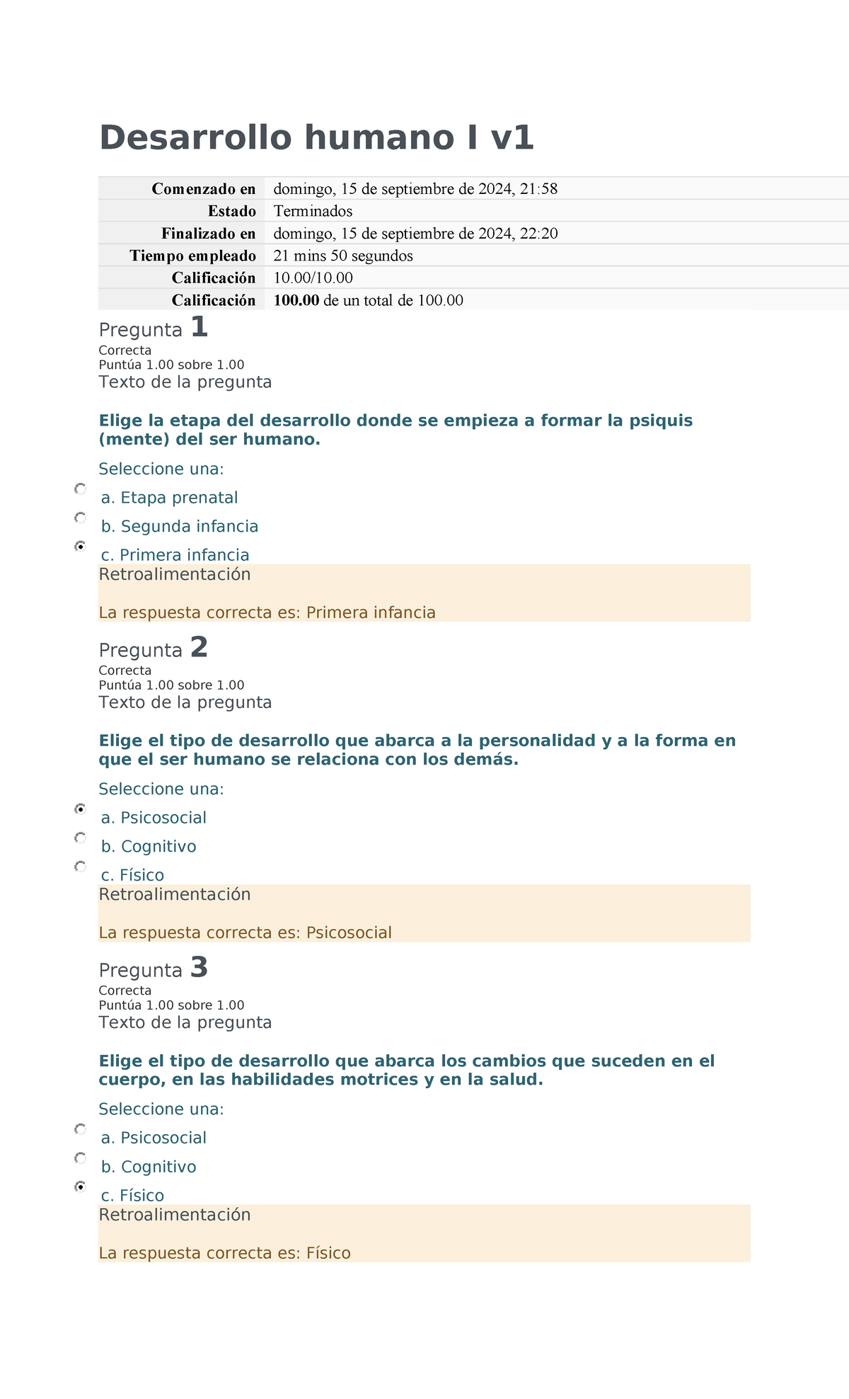 Desarrollo Humano I - Examen 1 Respuestas y Retroalimentación - Studocu