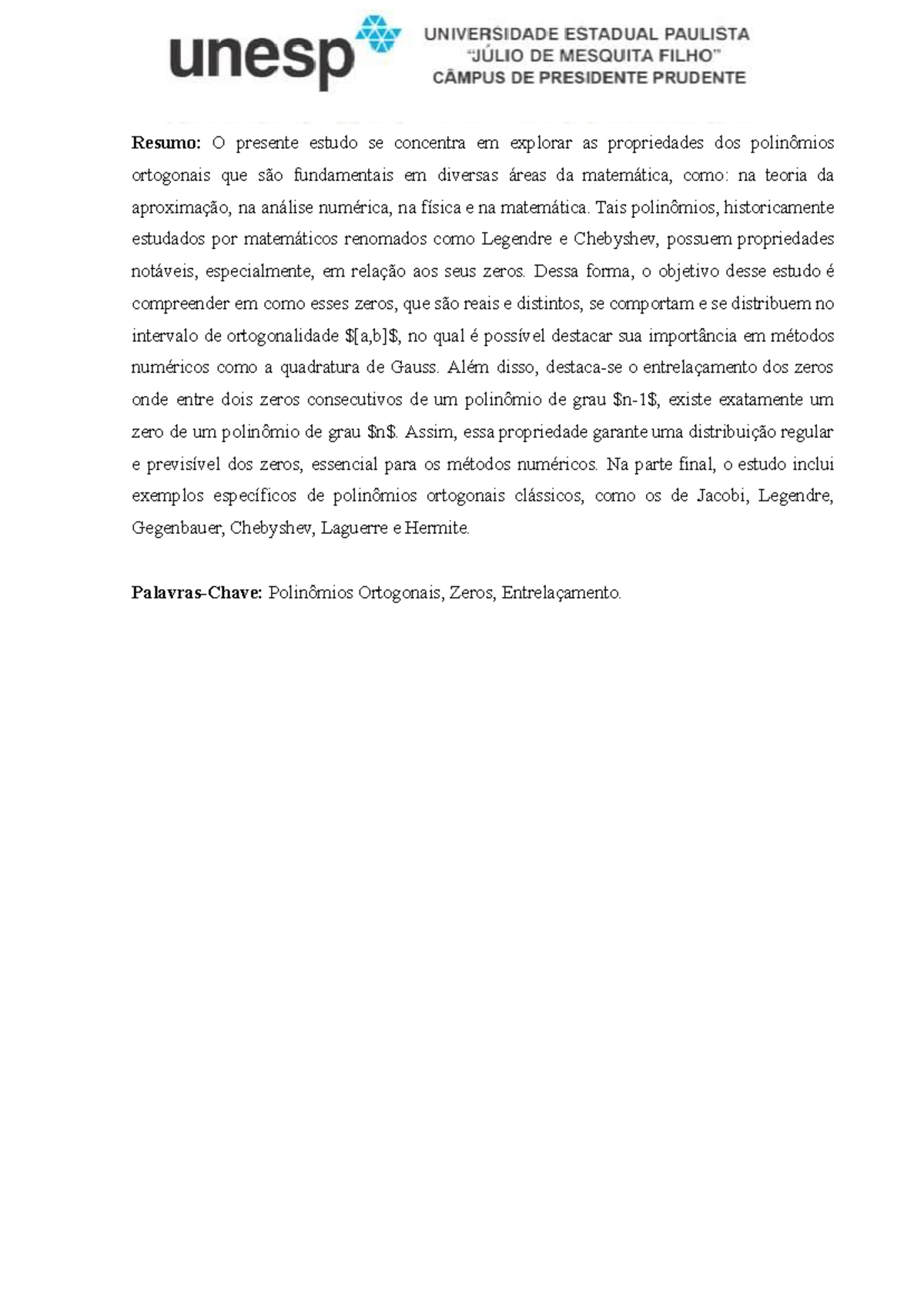 Resumo: Propriedades dos Polinômios Ortogonais e Seus Zeros - Studocu