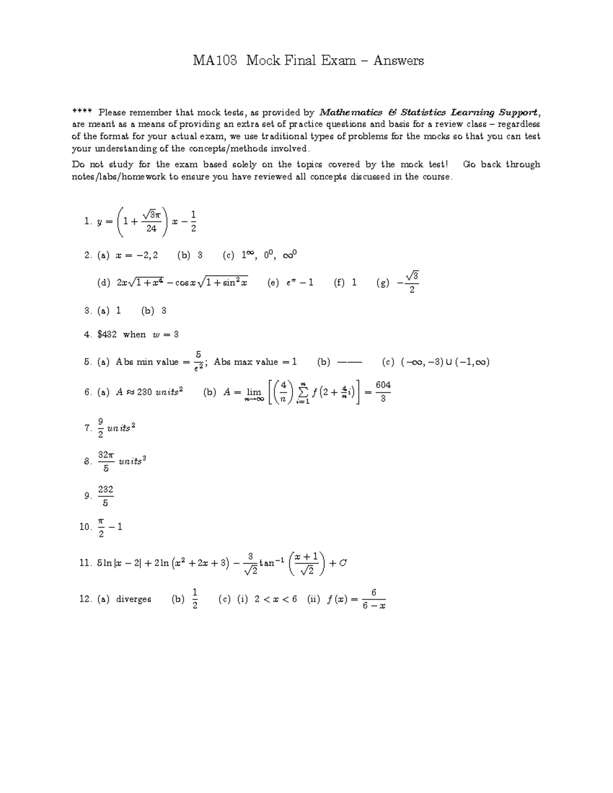MA103 Mock Final Exam Answers - W25 - Studocu