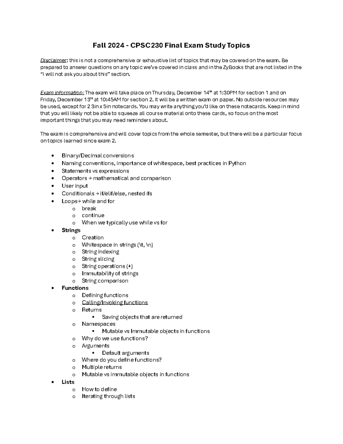 CPSC230 Final Exam Study Topics and Practice Problems - Fall 2024 ...