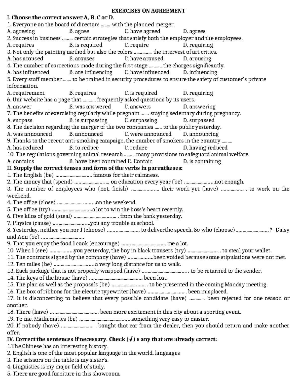 EXERCISES ON AGREEMENT: A Comprehensive Practice Guide for Students ...