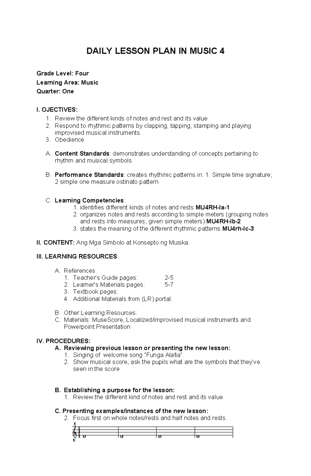 MUSIC 4 Daily Lesson Plan: Rhythmic Patterns & Notes - Studocu