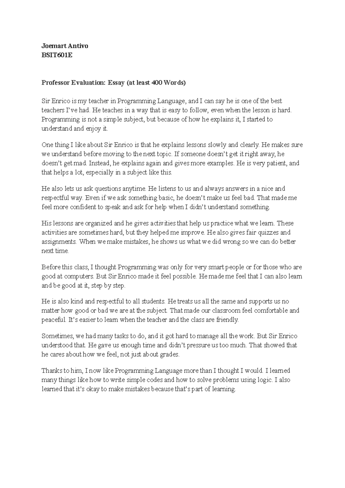 TP Finals Programming Language: Essay on Sir Enrico's Teaching Impact ...