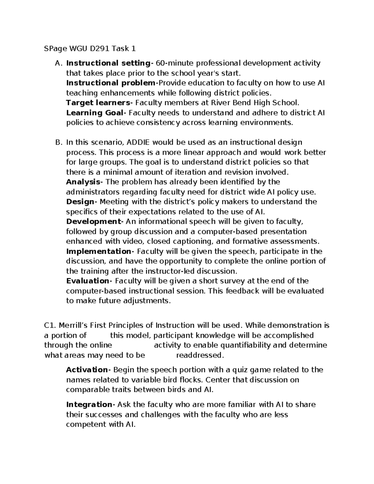 WGU D291 Task 1 - AI Instructional Development for Faculty - Studocu