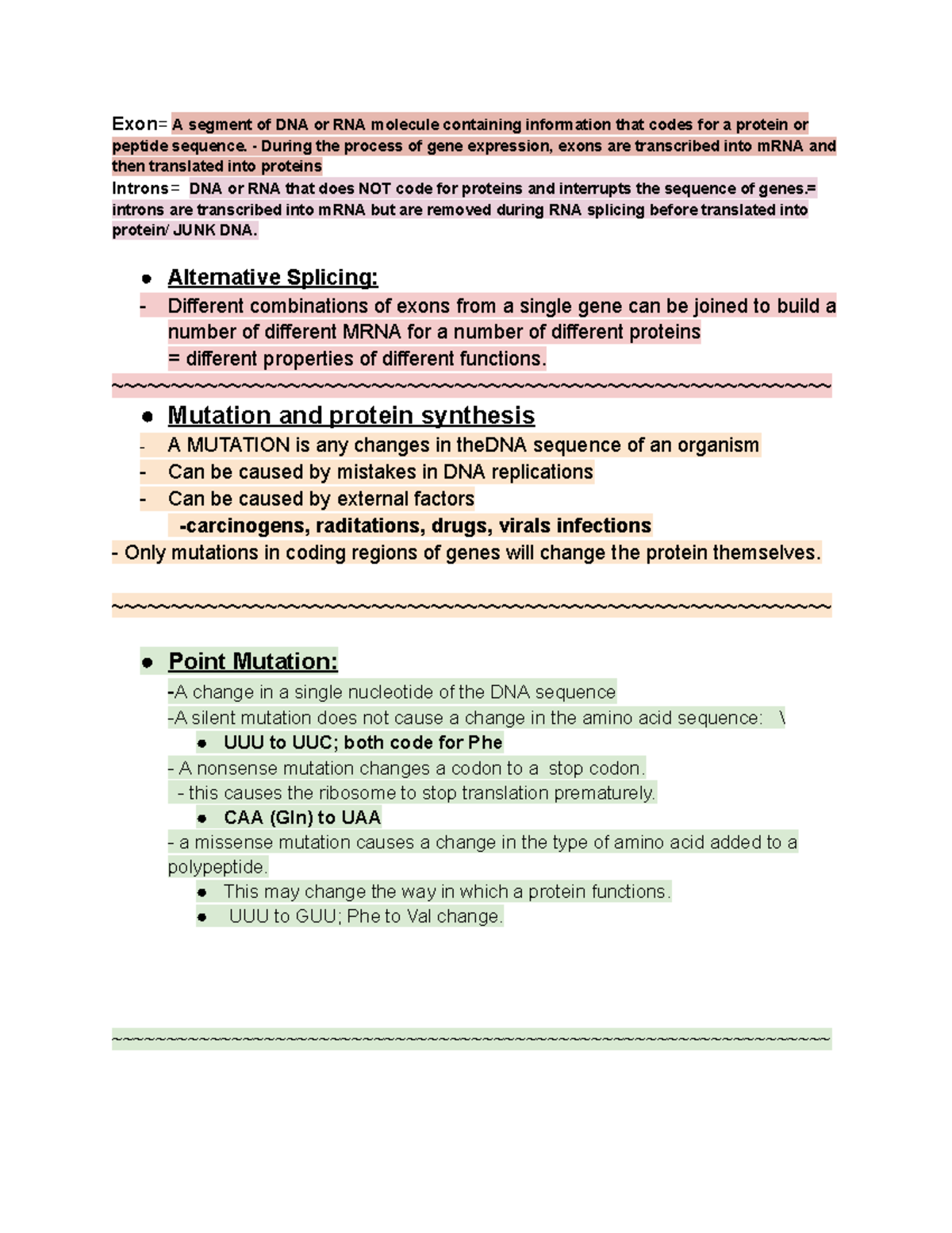 Bio 830424dc Final Exam Notes: Gene Expression, Exons, and Mutations ...