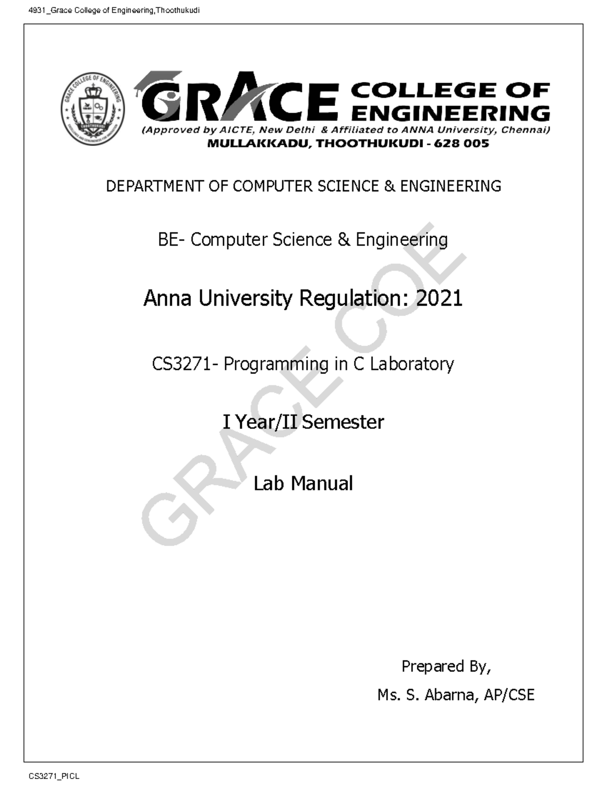 CS3271_PICL Lab Manual for Programming in C at Grace College - Studocu