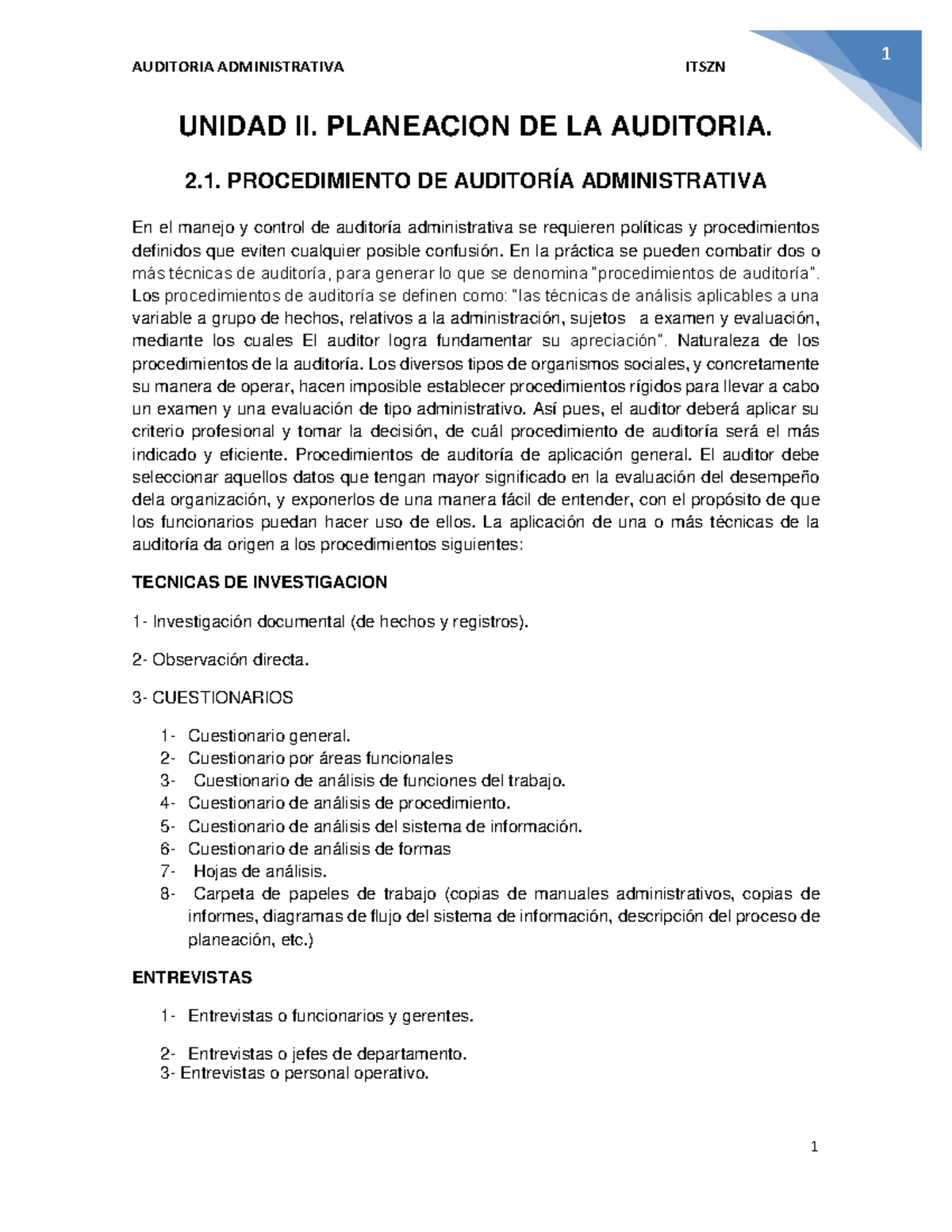 Unidad 2: Planeación de la Auditoría Administrativa - ITSZN - Studocu