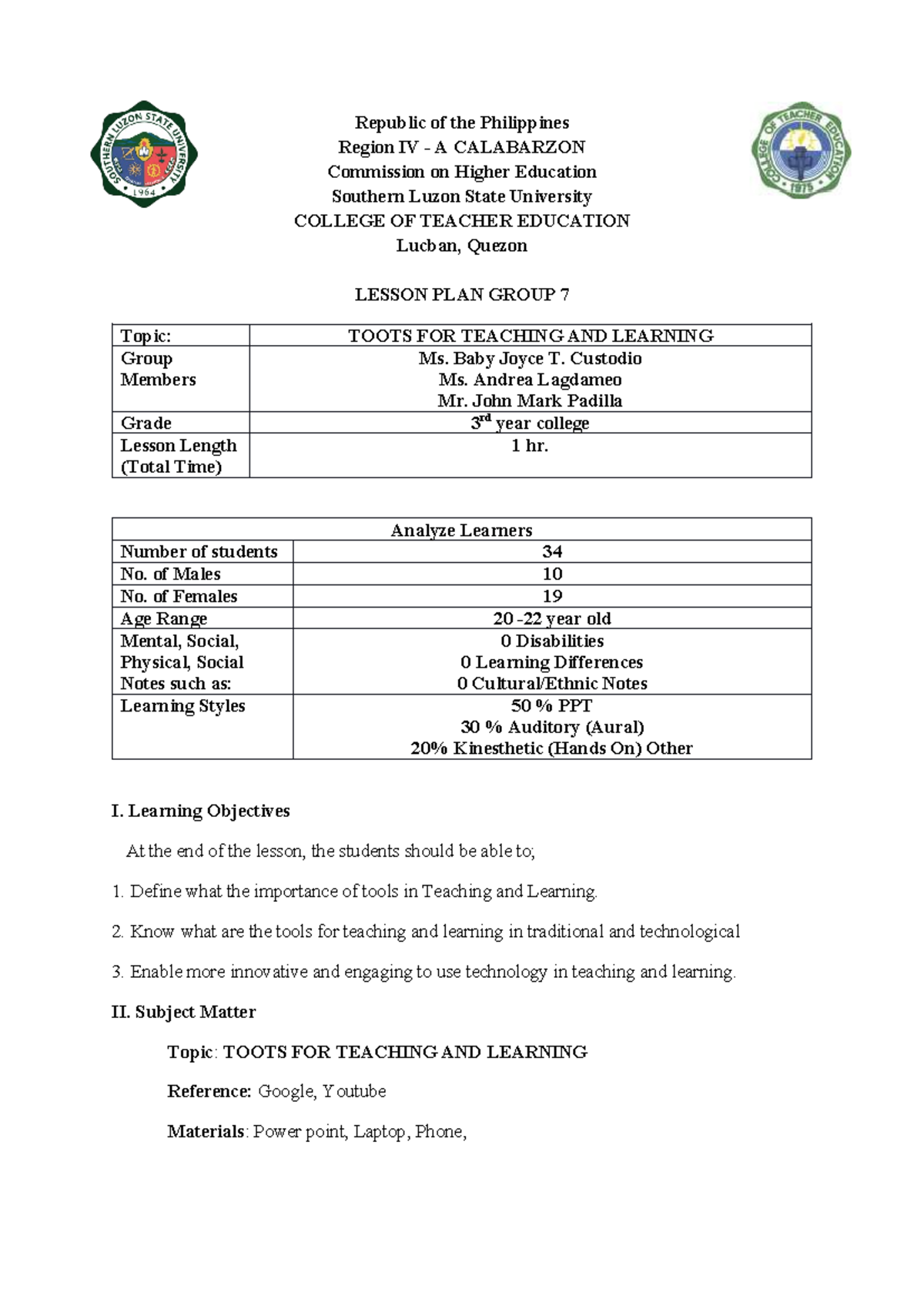 TEC01 Lesson Plan: Tools for Teaching & Learning - Group 7 - Studocu