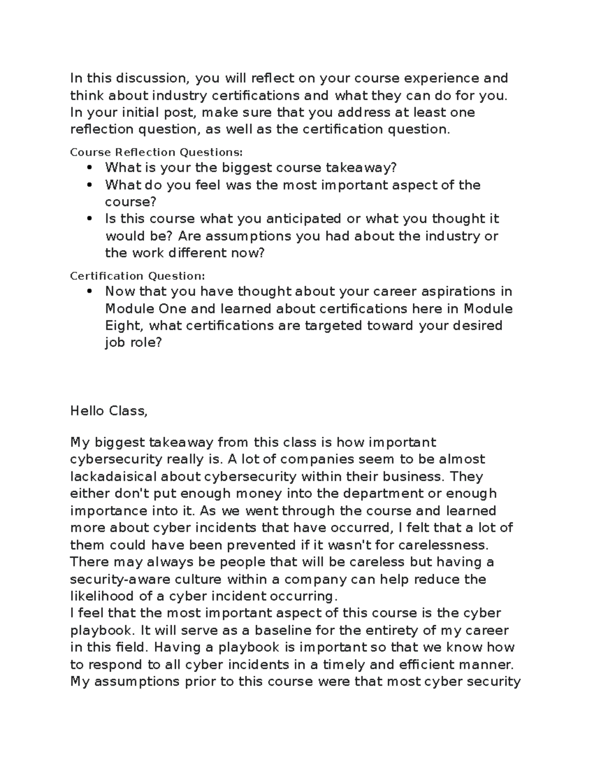 CYB-200 Module 8: Course Reflections and Certs Insights - Studocu