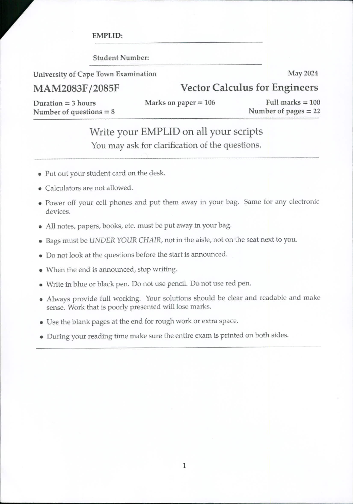 Mam2083 Final Exam May 2024 - Vector Calculus for Engineers - Studocu
