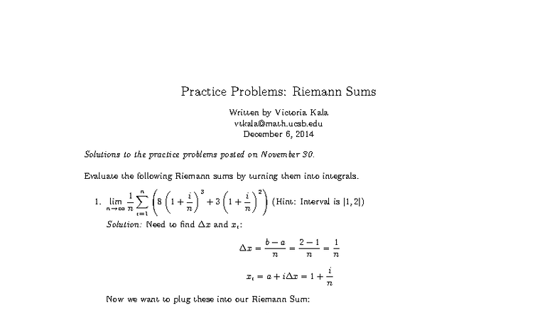Riemann Sums Practice Problems Solutions (MATH 101) - Studocu