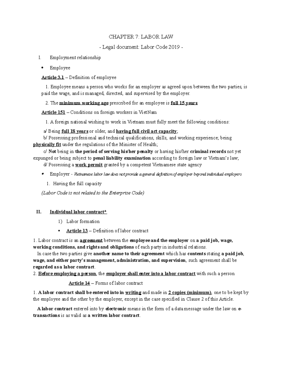 Chapter 7 - Labor Law Overview and Key Regulations - Law - Studocu