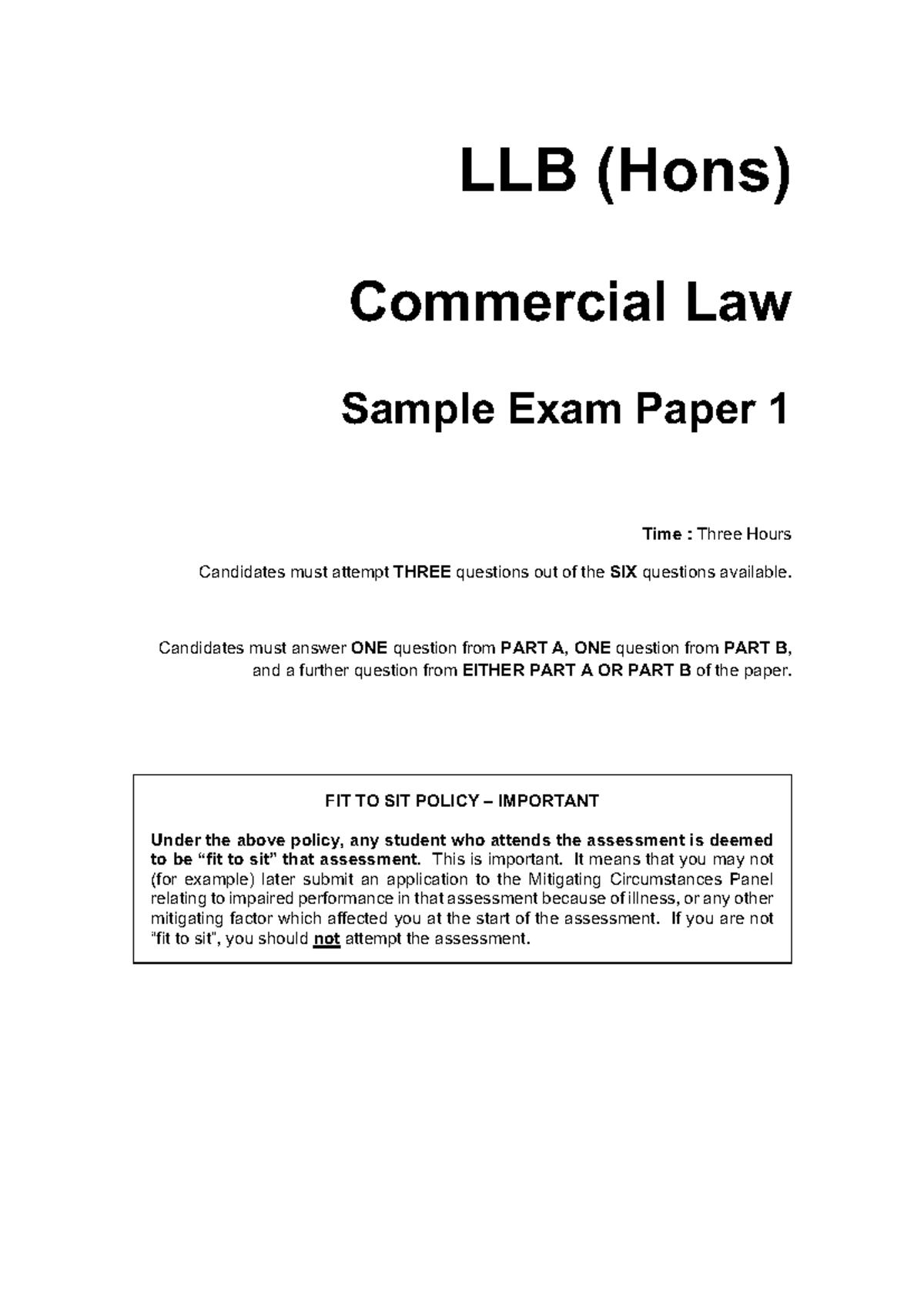 Sample LLB (Hons) Commercial Law Exam Paper 1 with Instructions - Studocu