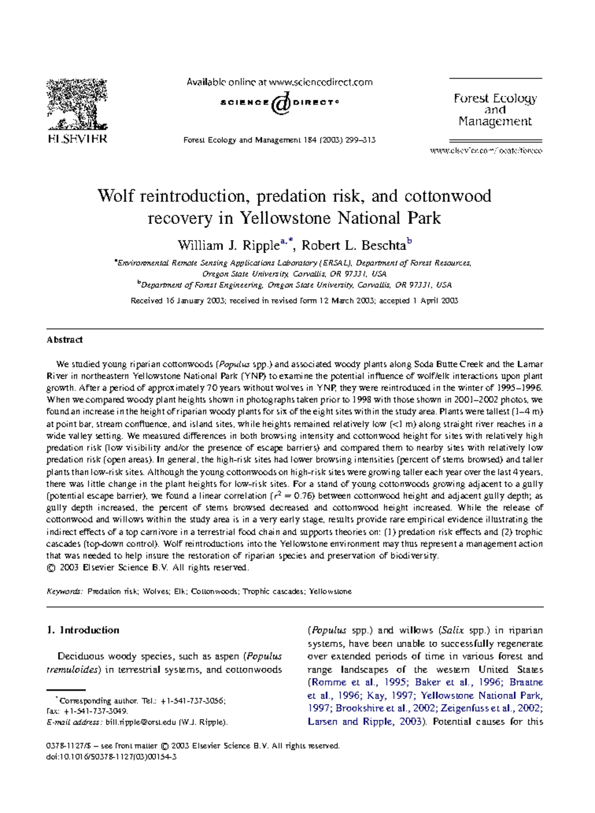 Wolf Reintroduction and Its Impact on Cottonwood Growth in YNP (FOR 184 ...