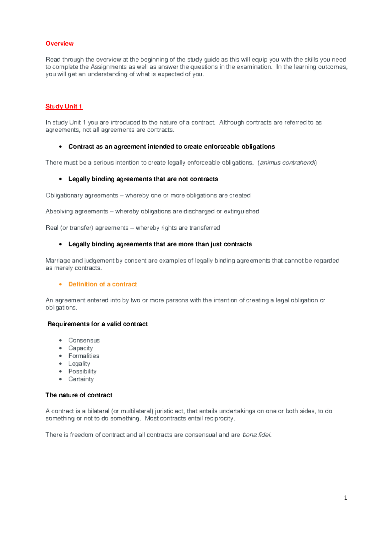 Study Guide on Contracts and Obligations (LAW 101): Key Concepts ...