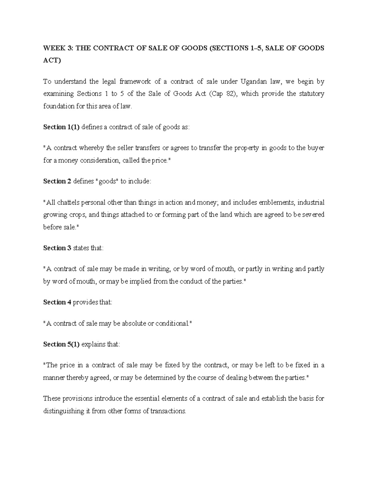 WEEK 3: Lecture Notes on the Sale of Goods Act (Cap 82) - Studocu