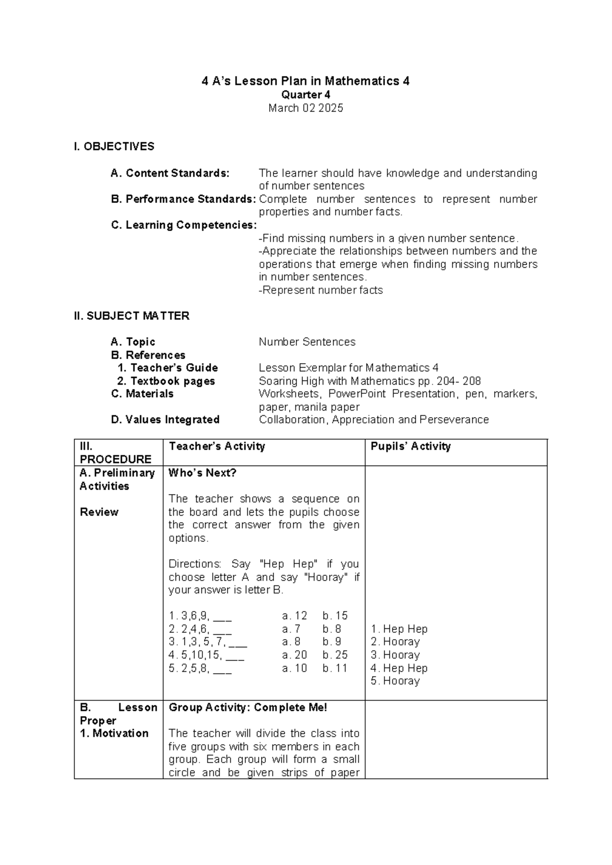 Math 4 Lesson Plan: Number Sentences & Missing Values Activities - Studocu