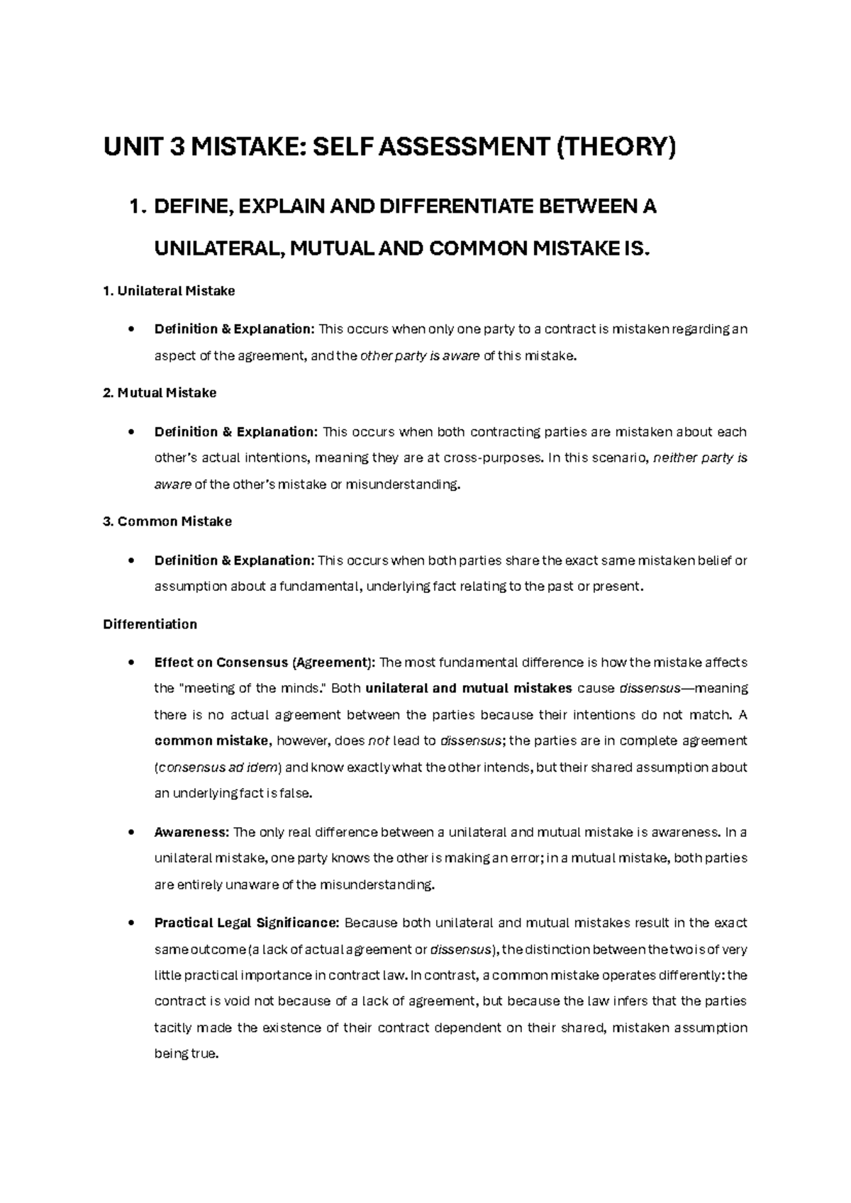 UNIT 3 MISTAKE: SELF ASSESSMENT ON MISTAKES IN CONTRACT LAW - Studocu