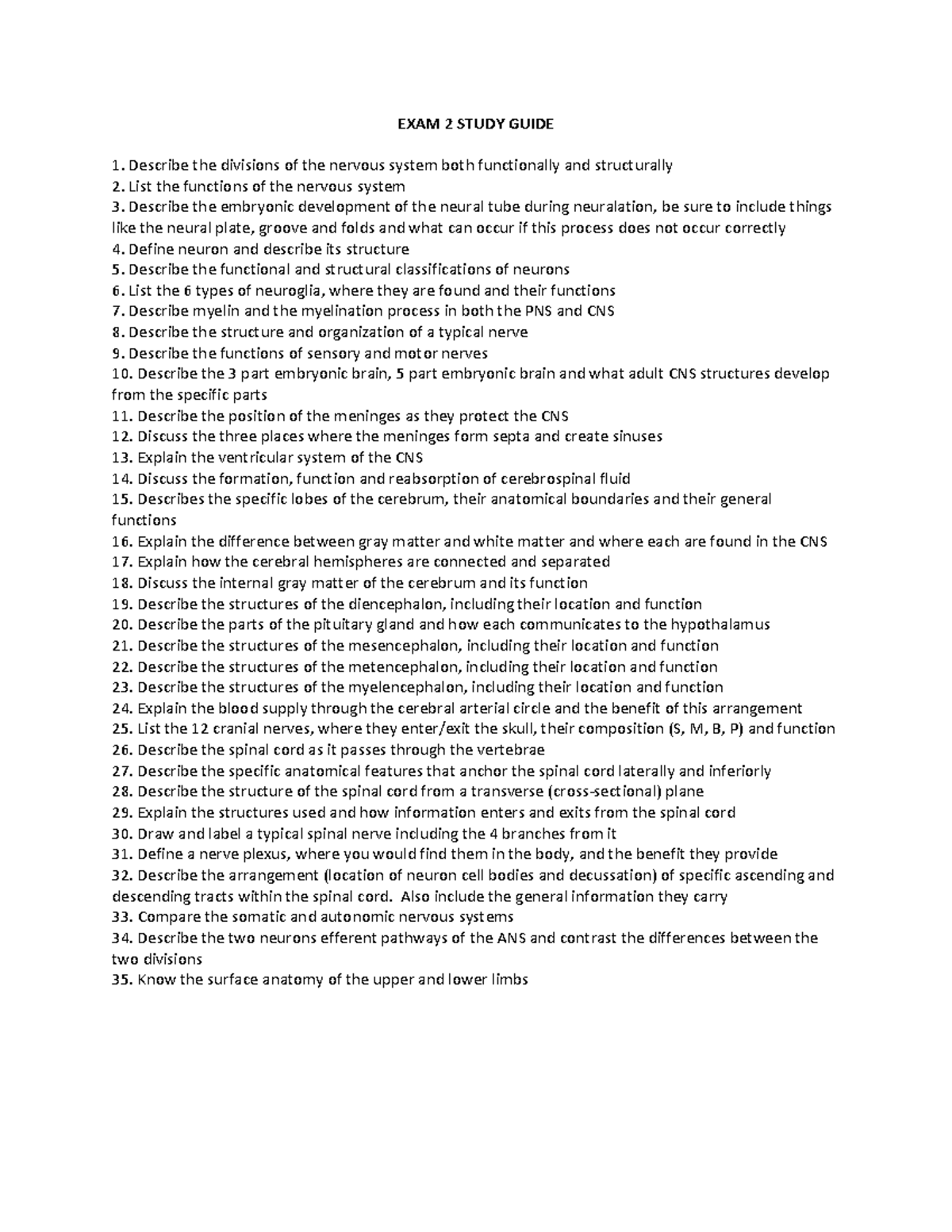 EXAM 2 STUDY GUIDE: Overview of Nervous System Structure & Function ...