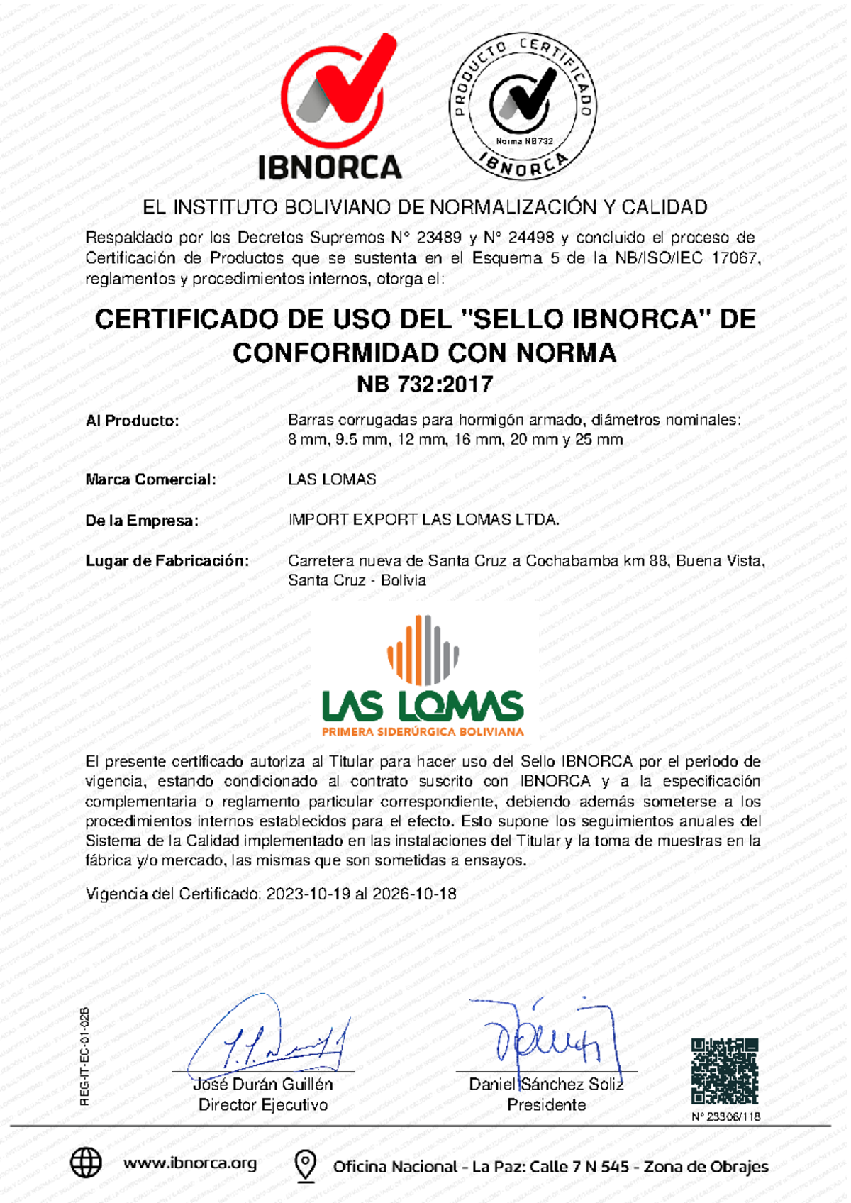 Certificado de Conformidad con la Norma NB 732 - LAS LOMAS - Document Preview