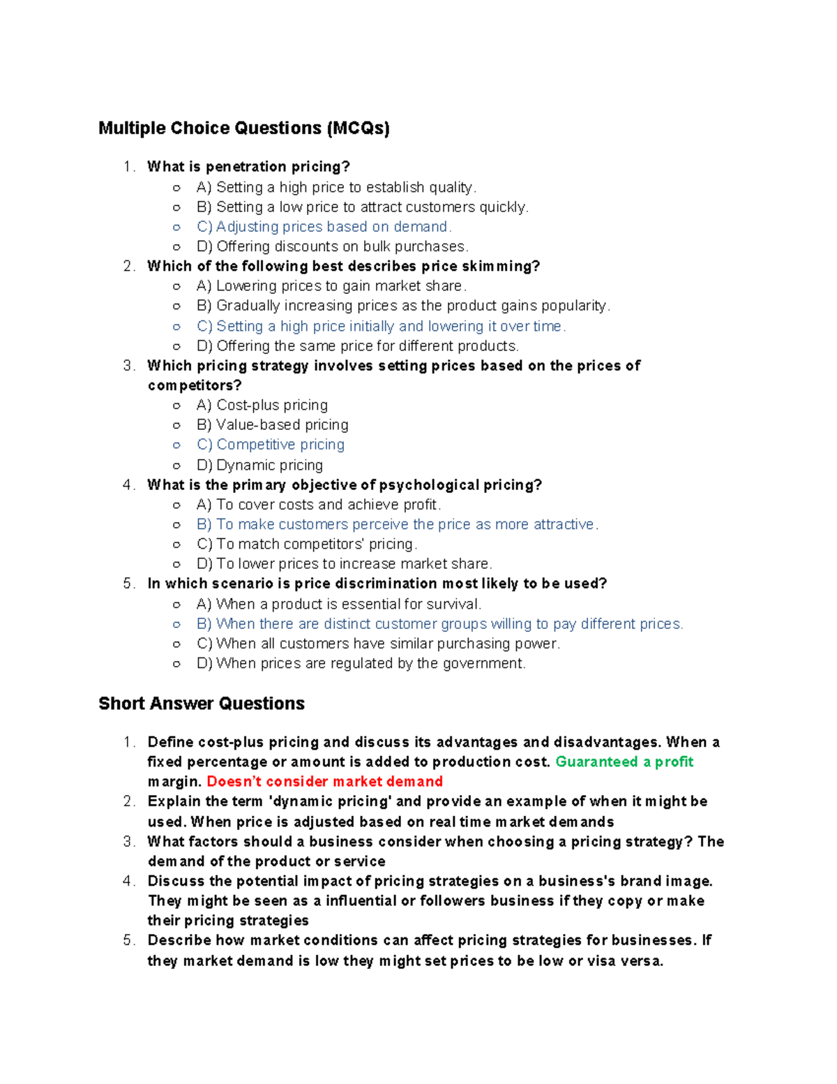 Pricing Strategy Homework - Multiple Choice & Short Answer Questions ...