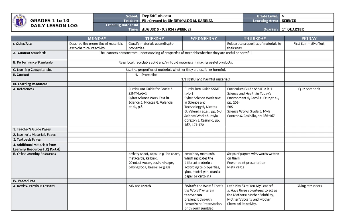 DLL Science 5 Q1 W4: Daily Lesson Log on Material Changes - Studocu