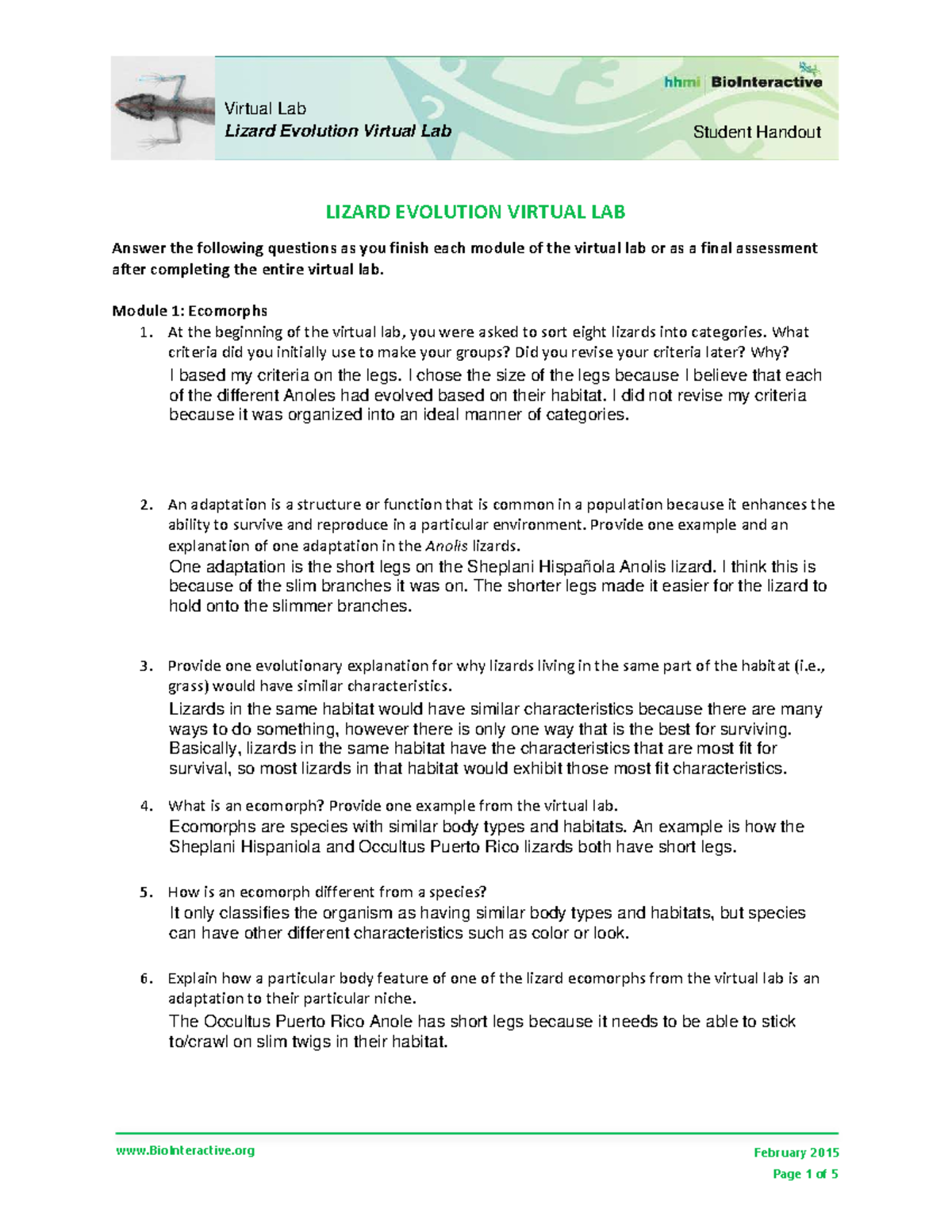 LIZARD EVOLUTION VIRTUAL LAB Student Worksheet - Studocu