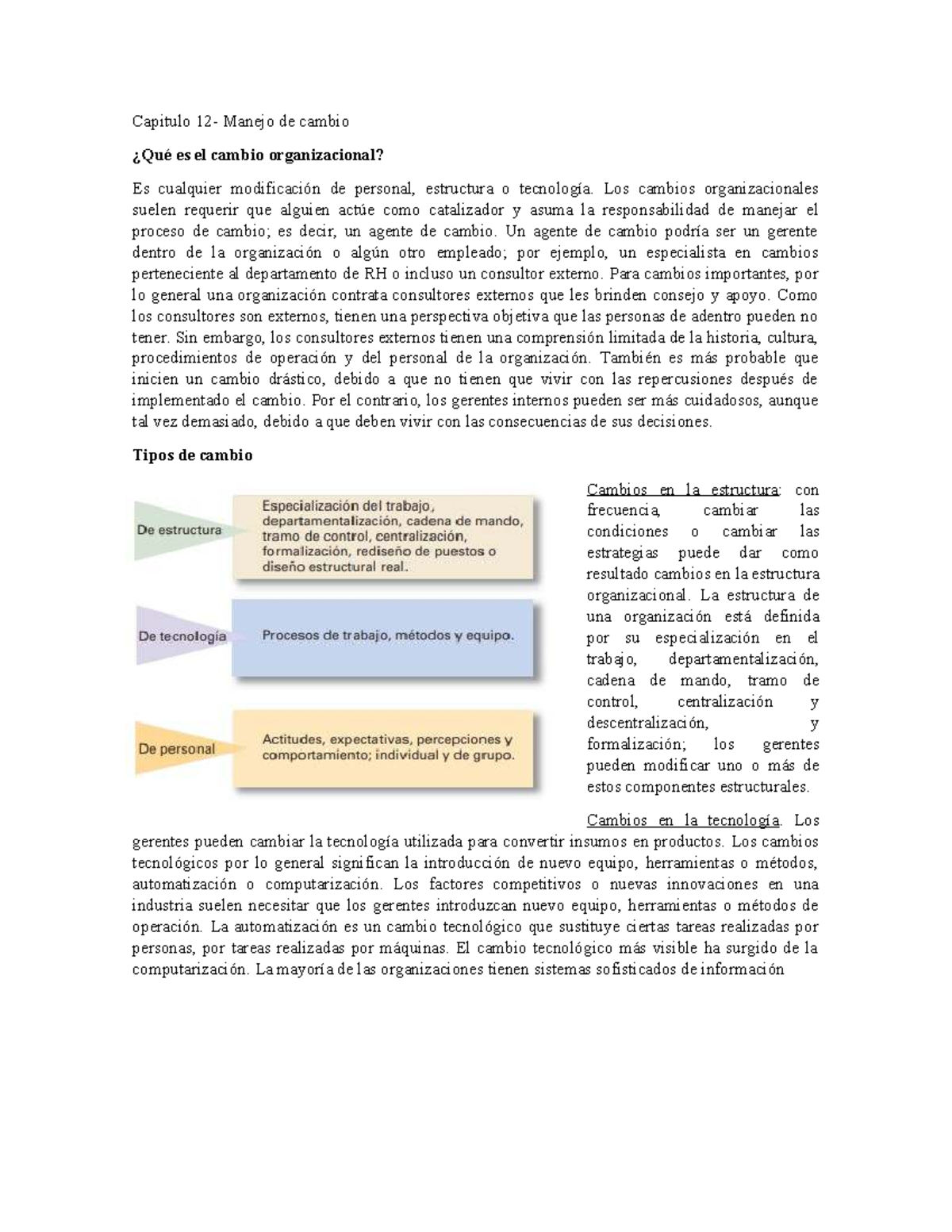 Capítulo 12: Manejo del Cambio Organizacional y sus Tipos - Studocu