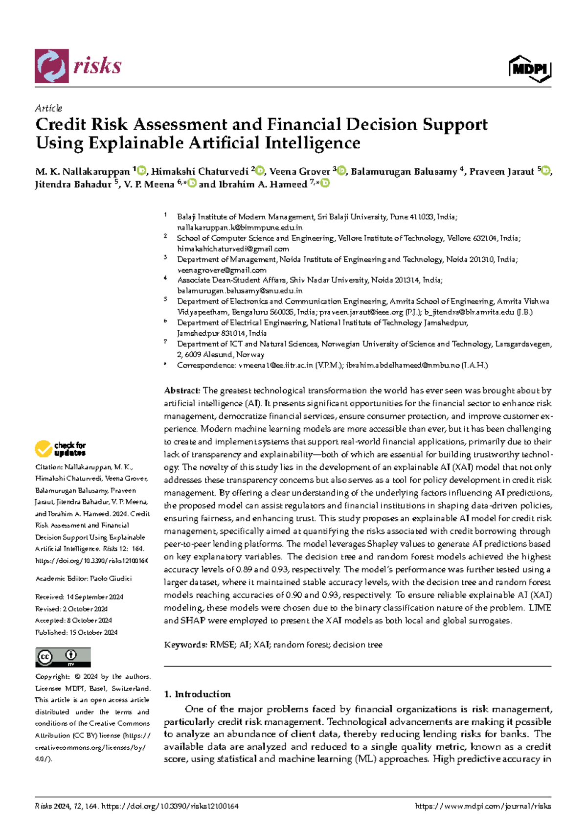 Credit Risk Assessment Using Explainable AI: Insights and Models (RISKS ...