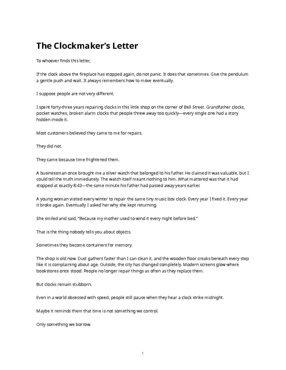 ENG 101: The Clockmaker's Letter - Reflections on Time and Memory - Studocu