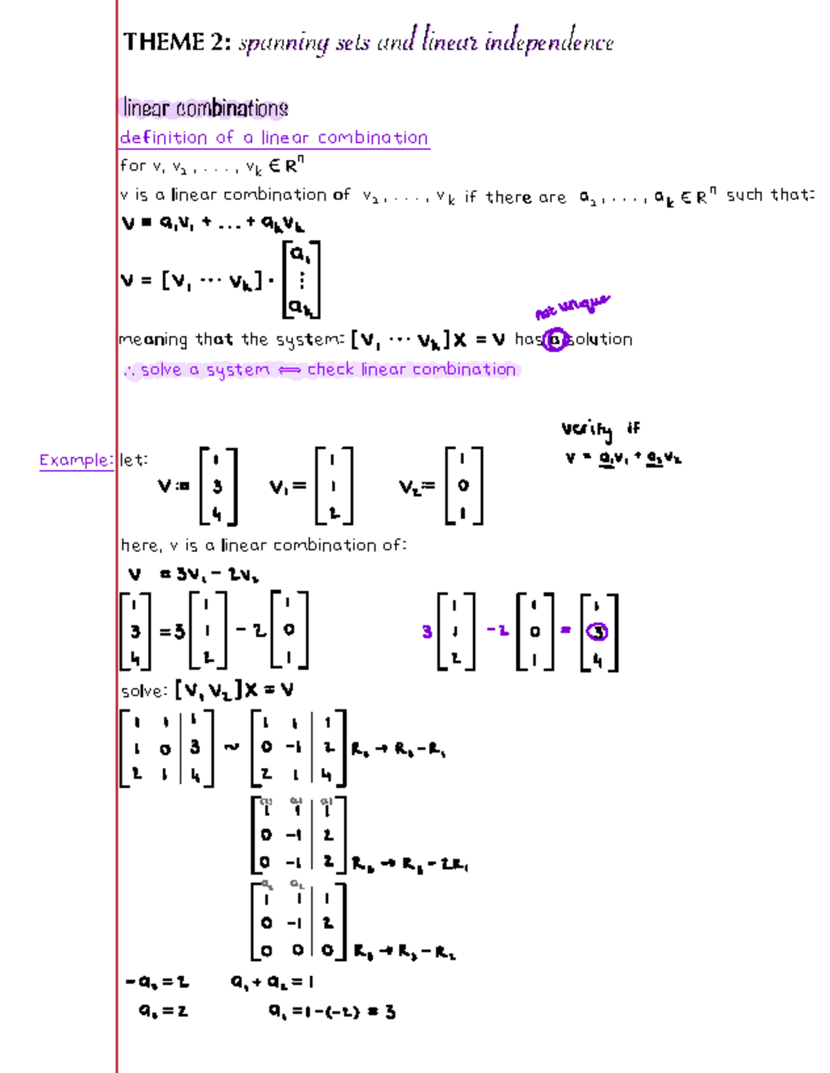WTW211 - Lecture Notes on Spanning Sets and Linear Independence - Studocu