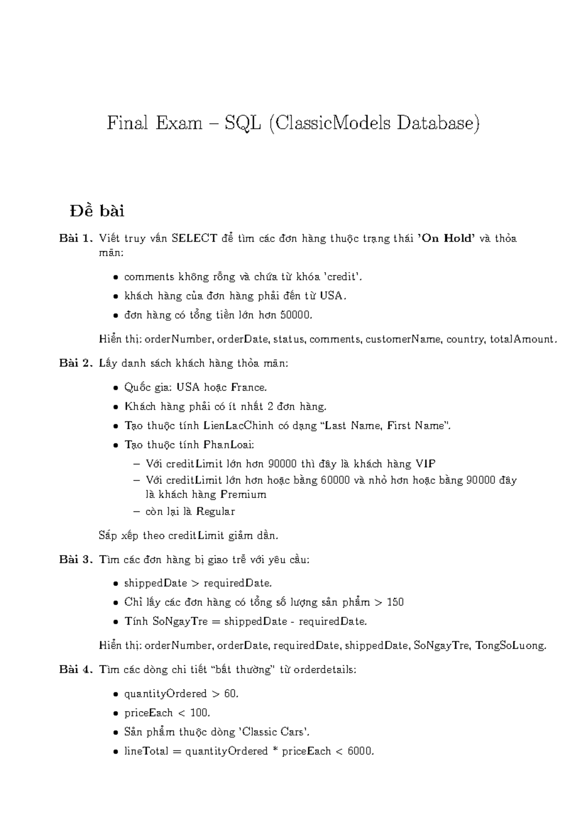 Final Exam SQL (ClassicModels DB) - Query Tasks and Solutions - Studocu