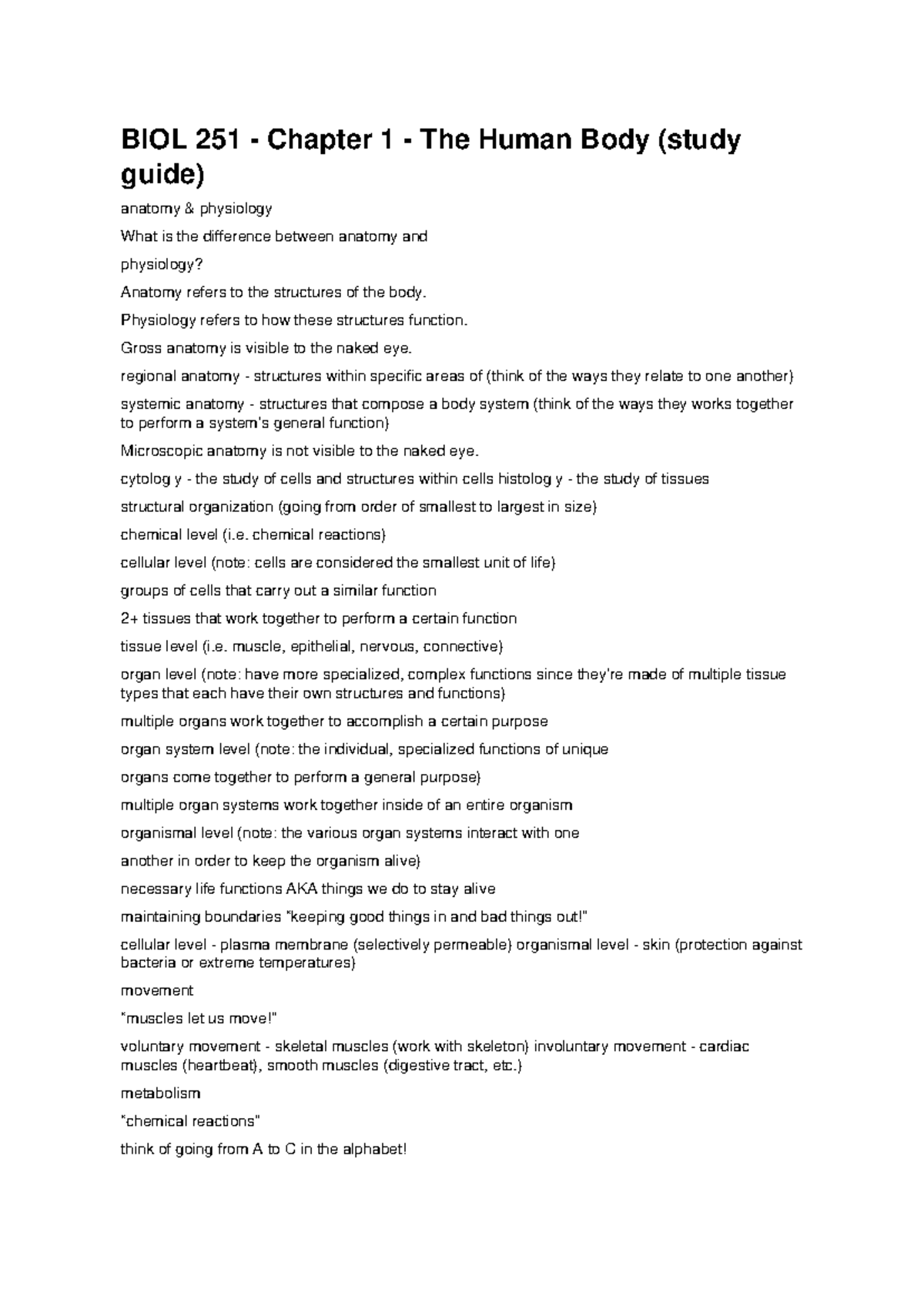 BIOL 251 Study Guide - Exam 1: Anatomy and Physiology Overview - Studocu
