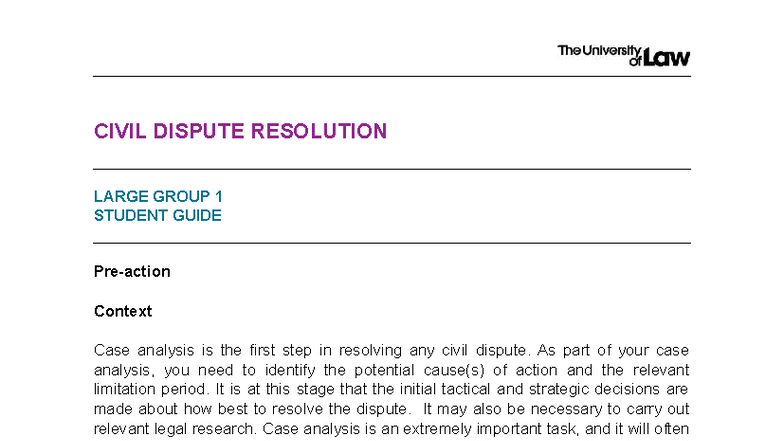 CIVIL DISPUTE RESOLUTION: LARGE GROUP 1 STUDENT GUIDE - Studocu