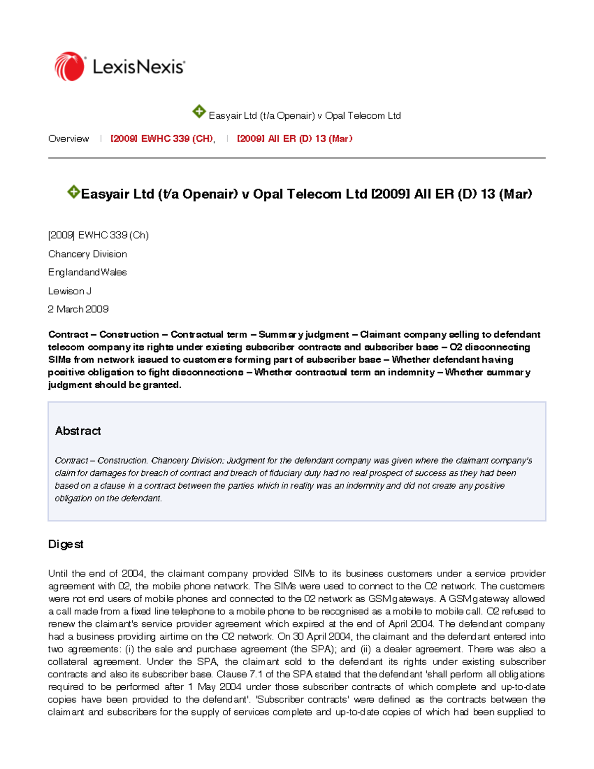 Easyair Ltd (t/a Openair) v Opal Telecom Ltd: [2009] All ER (D) 13 (Mar ...