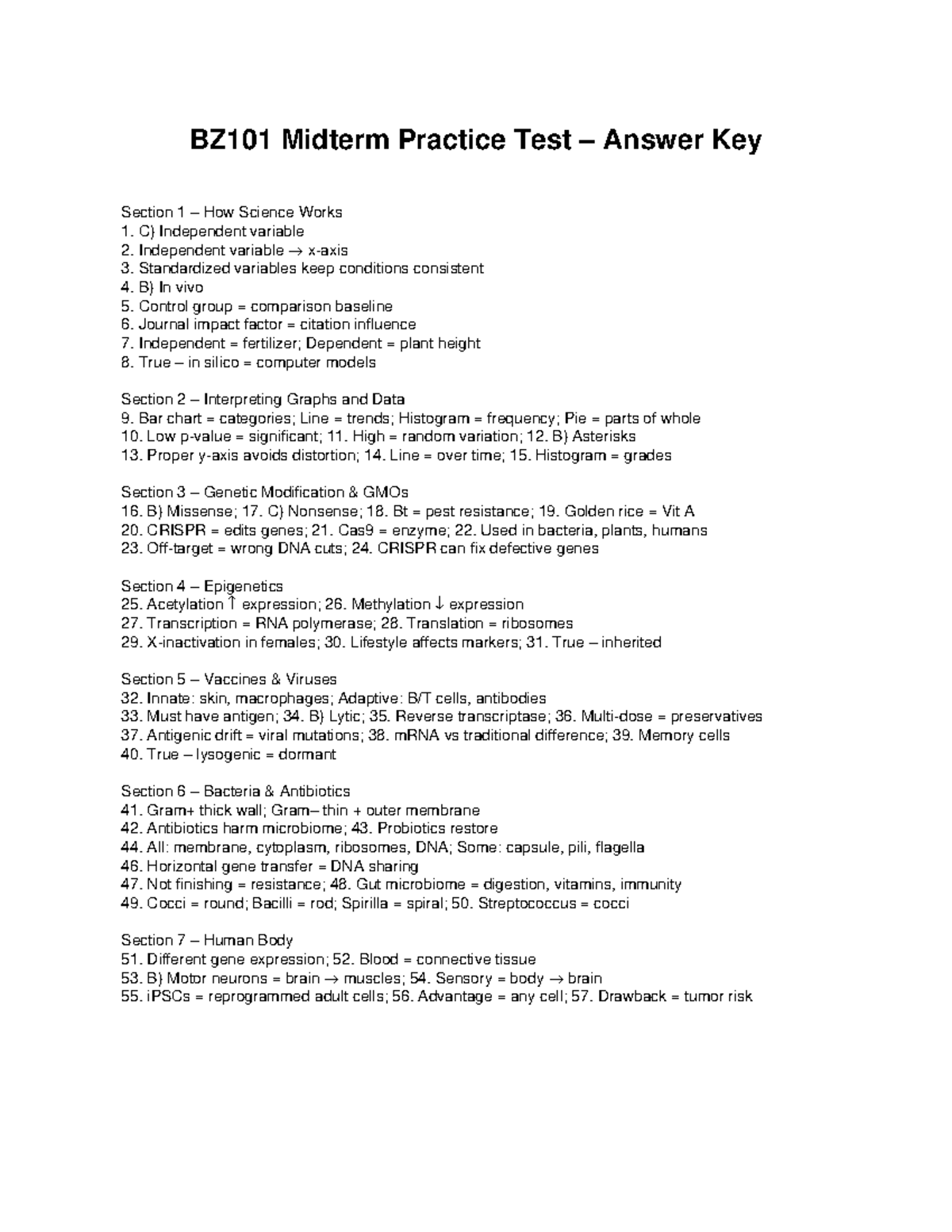BZ101 Midterm Practice Test Answer Key & Study Guide - Studocu