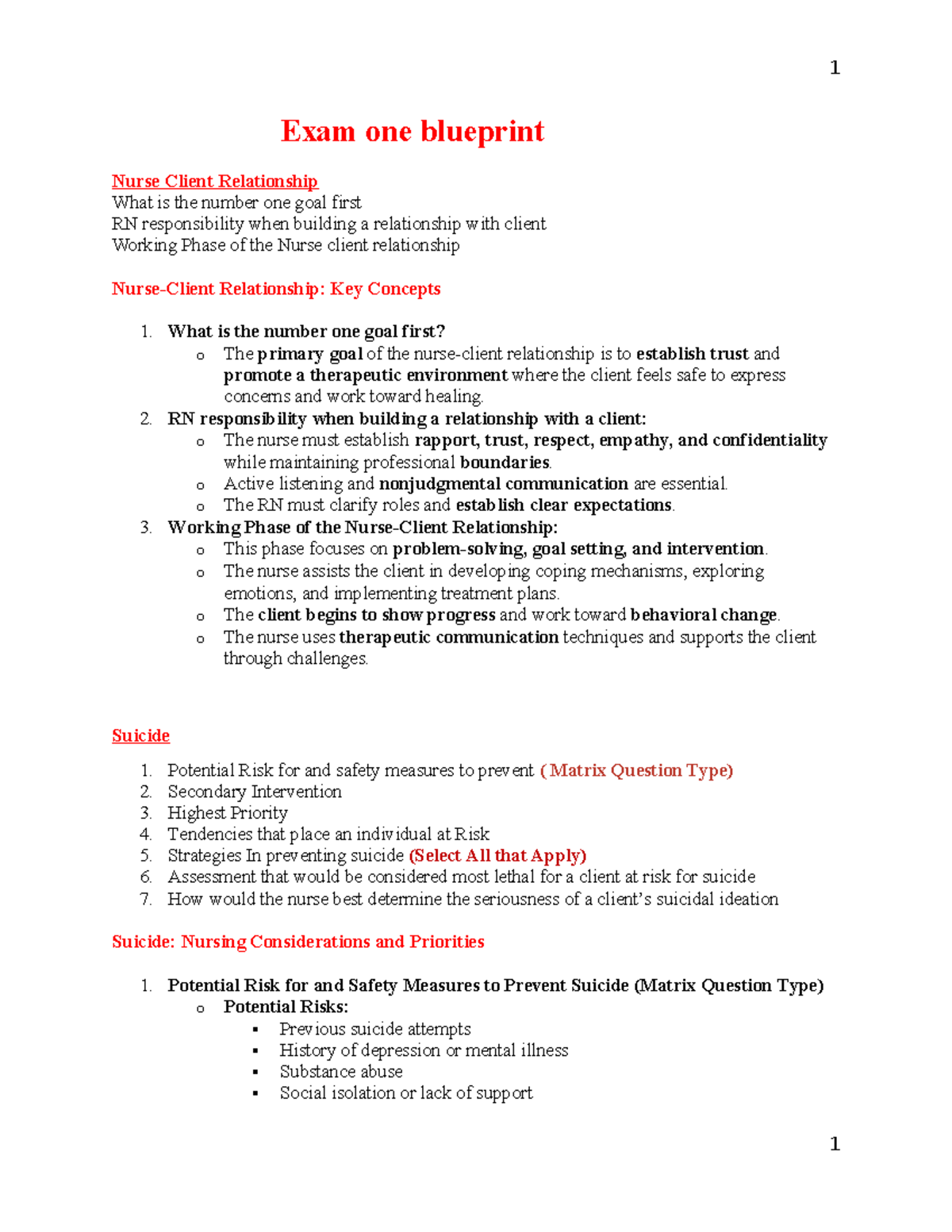 220 NUR Exam One Blueprint: Key Concepts in Nurse-Client Relationships ...