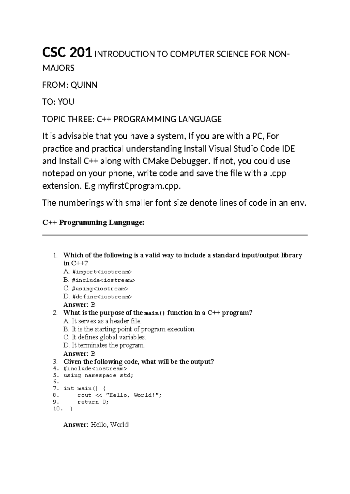 CSC 201 C++ Programming Basics: Key Concepts and Exercises - Studocu